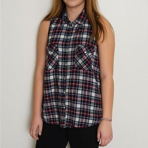 Mudd Button Down Tank Top Sleeveless Plaid Pearl Snaps Casual Red White Blue